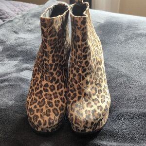 BCBG Leopard Print Platform Wedge Ankle Boots